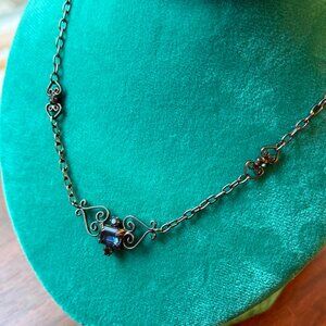 Blue Rhinestone and Gunmetal Filigree Choker Necklace 90s Vintage